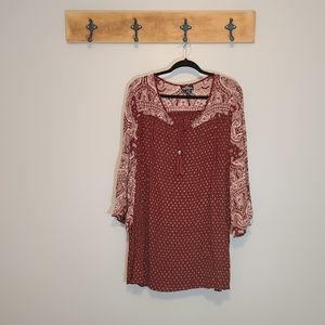 ANGIE Cream and Burgundy Paisley Bell Sleeve Dress